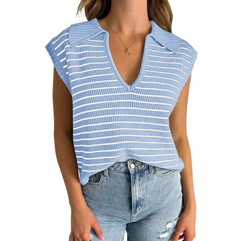 Women's  V Neck Cap Sleeve Sweater Vest Sleeveless Collared Striped Knit Tank Tops
