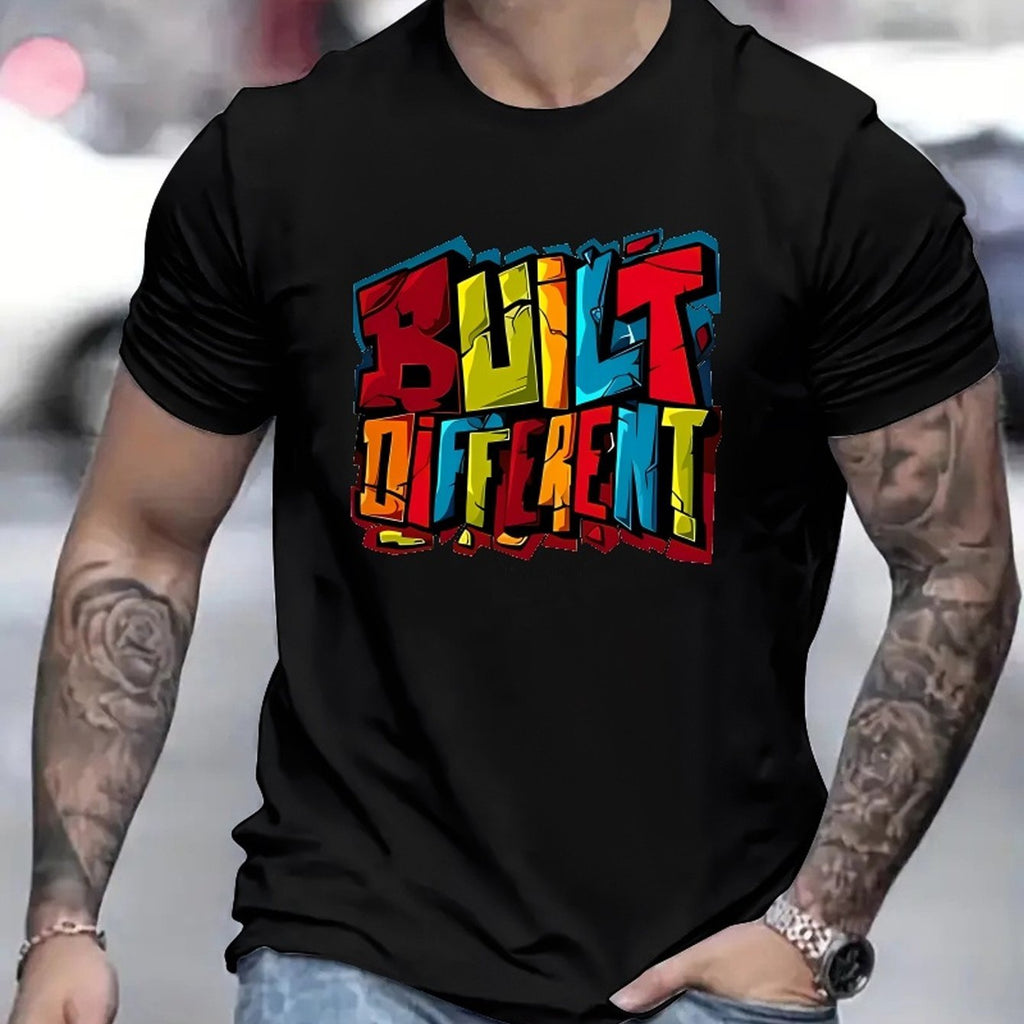 Colorful Letters DIFFERENT Printed Men's Fashion T-shirt, Casual Pattern T-shirt, Short Sleeved Round Neck Top