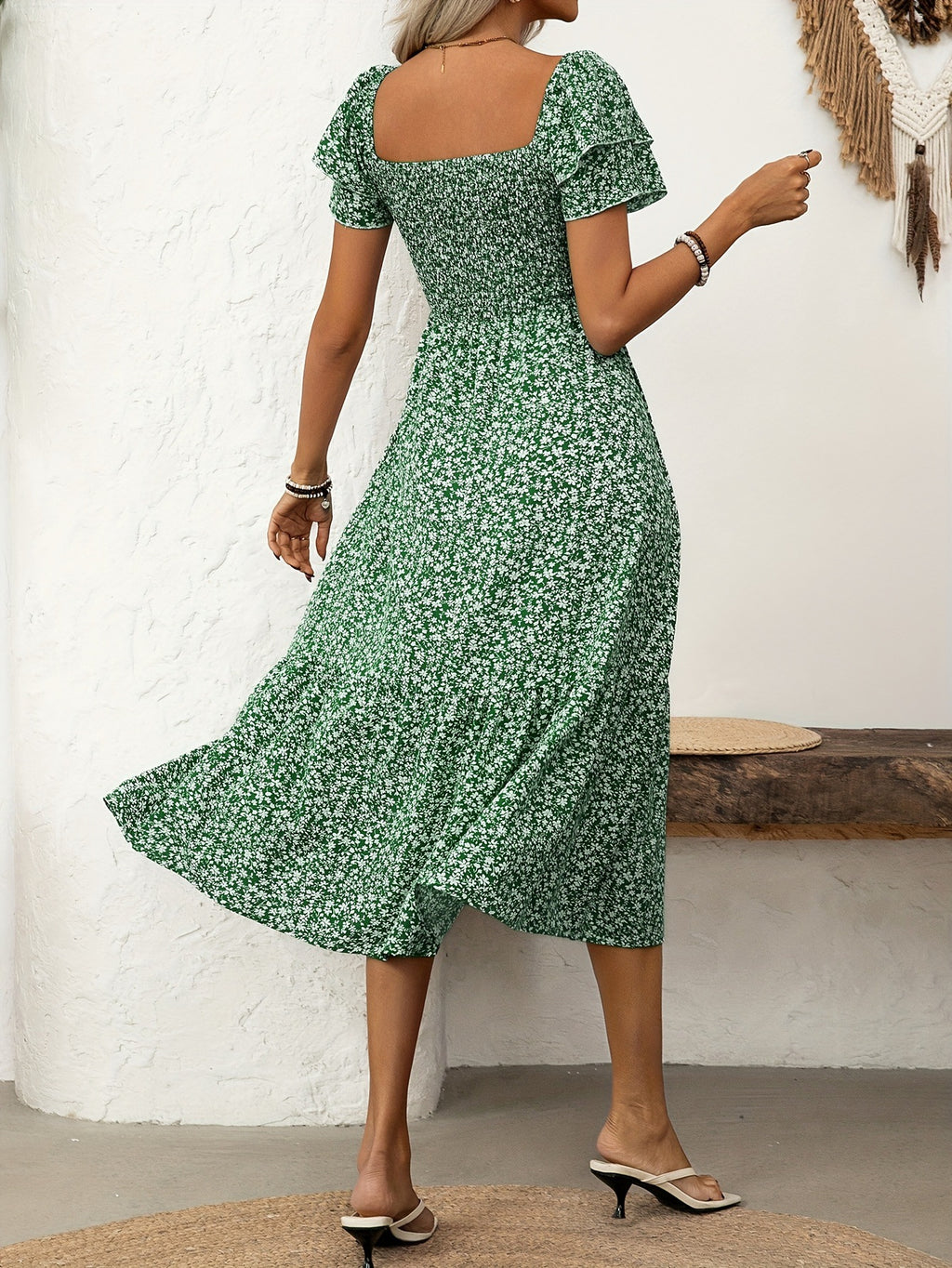 Elegant Floral Print Ruffle Hem Short Sleeve Dress