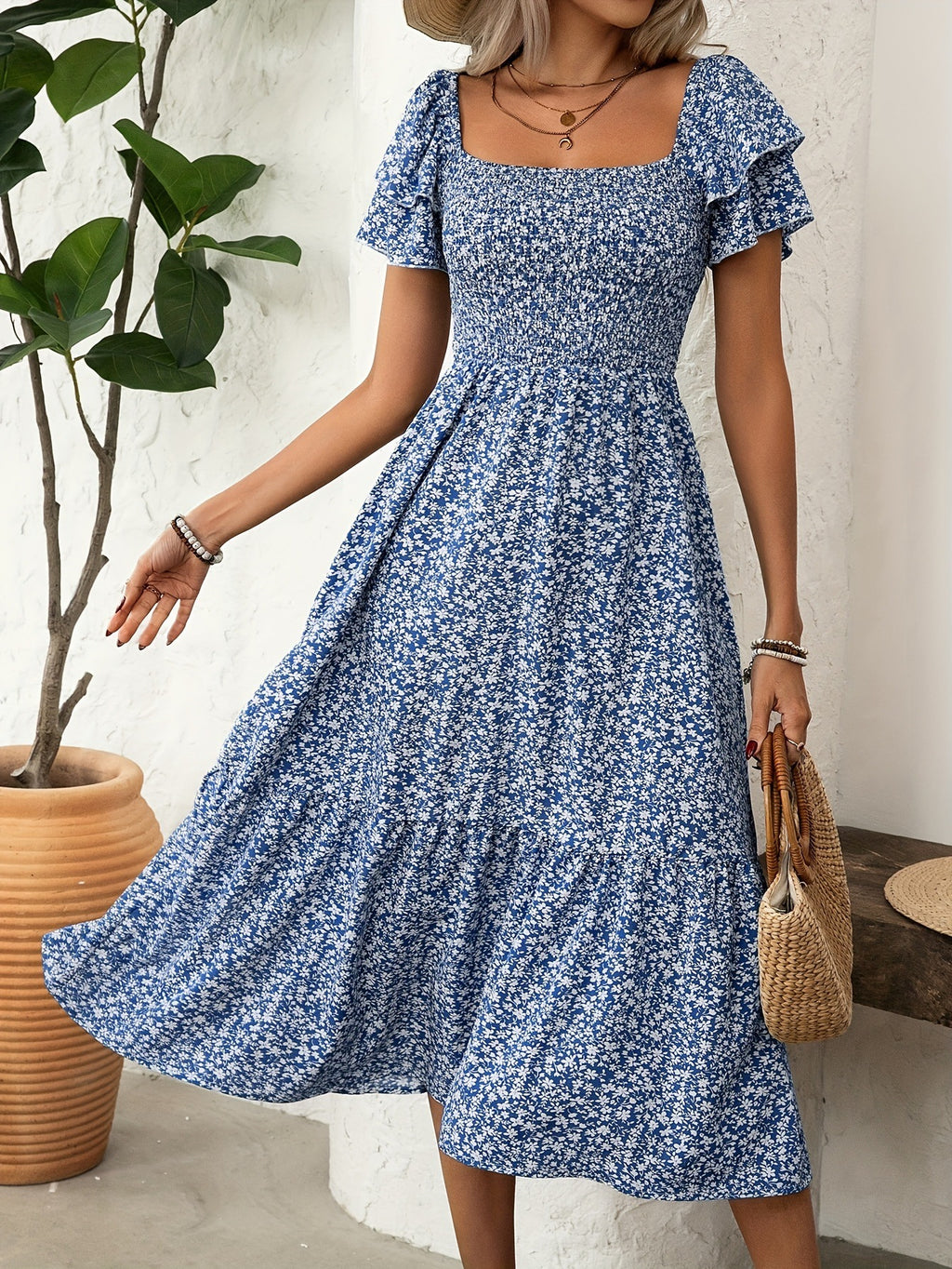 Elegant Floral Print Ruffle Hem Short Sleeve Dress