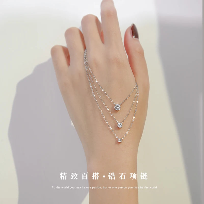 Sterling Silver 14k Gold Plated Necklace Versatile Sparkling Zircon Choker Clavicle Chain for Women Wedding Jewelry