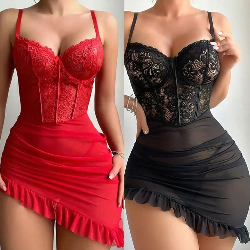 Dress Style Lingerie Set Transparent Bra Underwear Erotic Night Dresses Fancy Bras Steel Ring Push Up Women's Delicate Pajamas