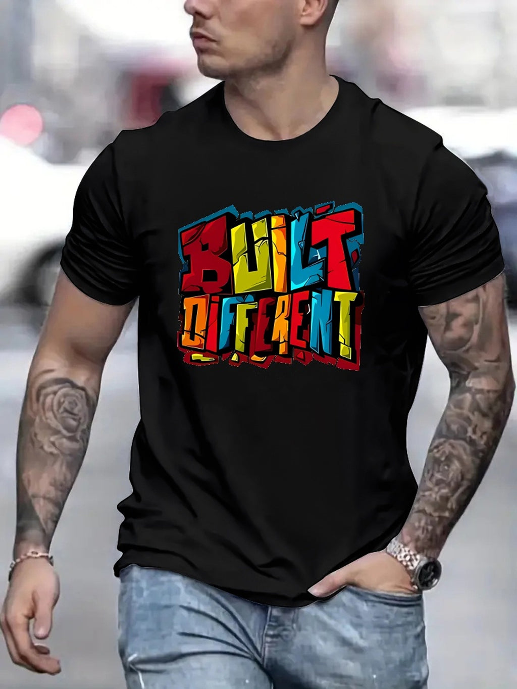 Colorful Letters DIFFERENT Printed Men's Fashion T-shirt, Casual Pattern T-shirt, Short Sleeved Round Neck Top